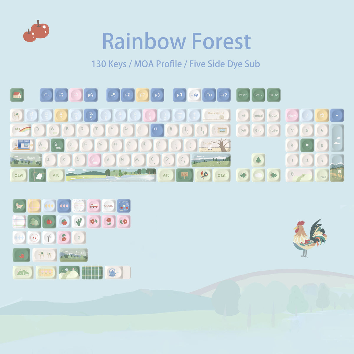 A layout of 130 MOA profile five-side dye keycaps for a mechanical keyboard, featuring various colors and symbols.