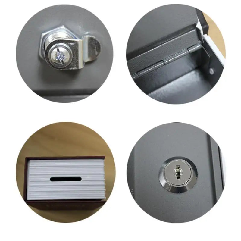 A set of components for a classic book-shaped piggy bank including a lock, key, and the main body.
