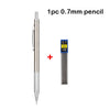 A single 0.7mm HB mechanical pencil is shown next to a measuring scale.