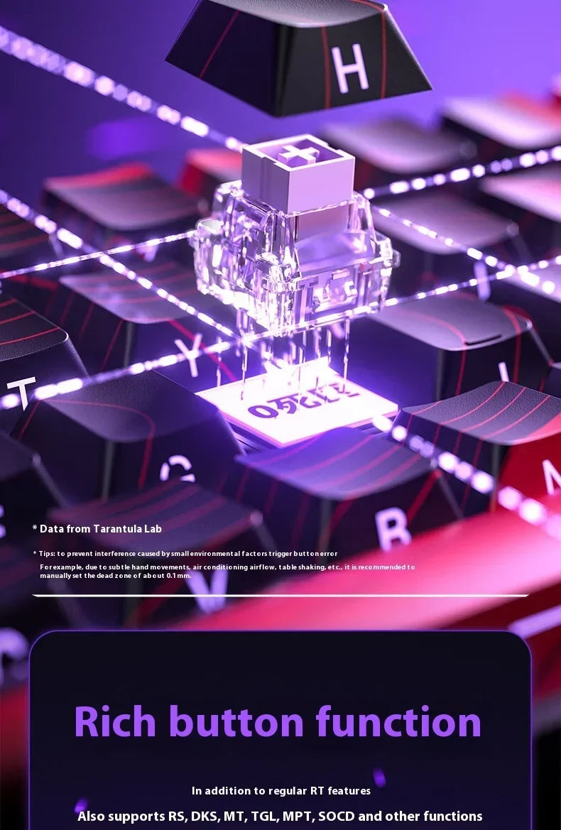 A close-up view of a mechanical keyboard with translucent switches and RGB lighting on a dark surface.