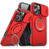A red sliding camera lens protection phone case with a kickstand shown in a close-up view.