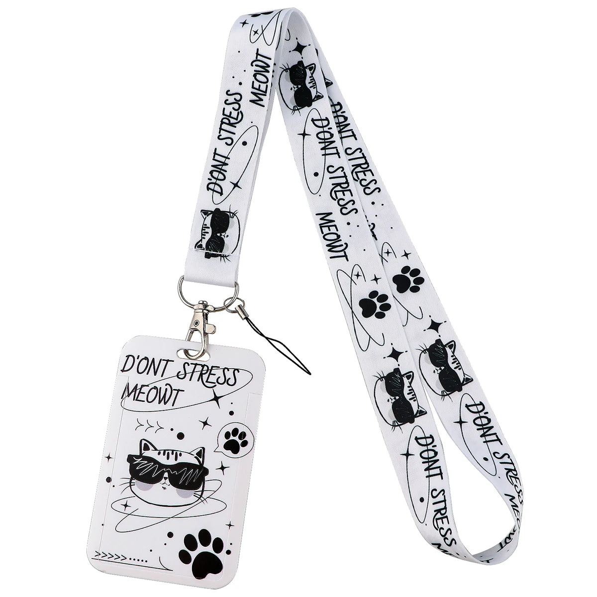 White card holder lanyard featuring a cartoon cat design with paw prints and text