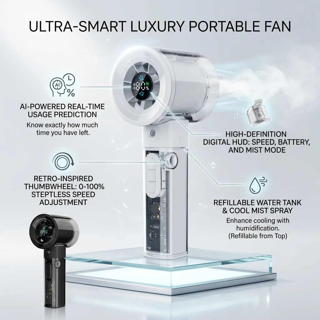 An ultra-smart luxury portable fan with a digital hub, featuring AI usage prediction and mist mode.