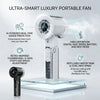 An ultra-smart luxury portable fan with a digital hub, featuring AI usage prediction and mist mode.