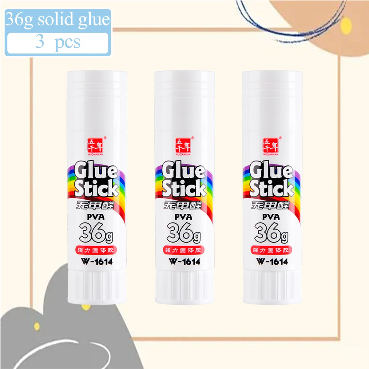 Three white glue sticks labeled 36g solid glue PVA for craft use