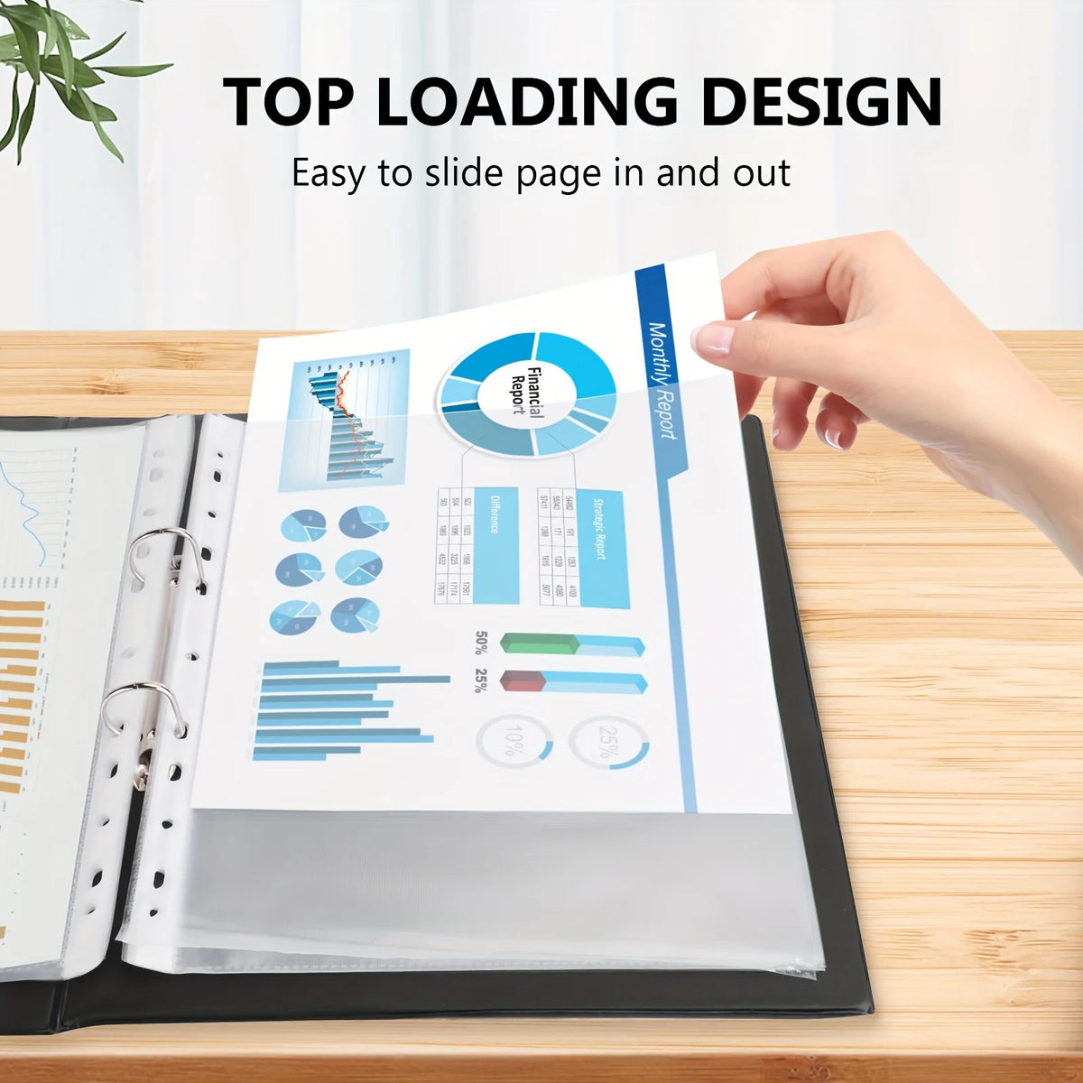 A hand slides a page into and out of a clear top-loading sheet protector used in a 3-ring binder.