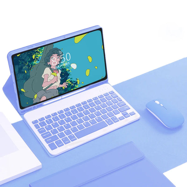 A blue leather keyboard case with a detachable Bluetooth keyboard is shown open on a light blue surface.