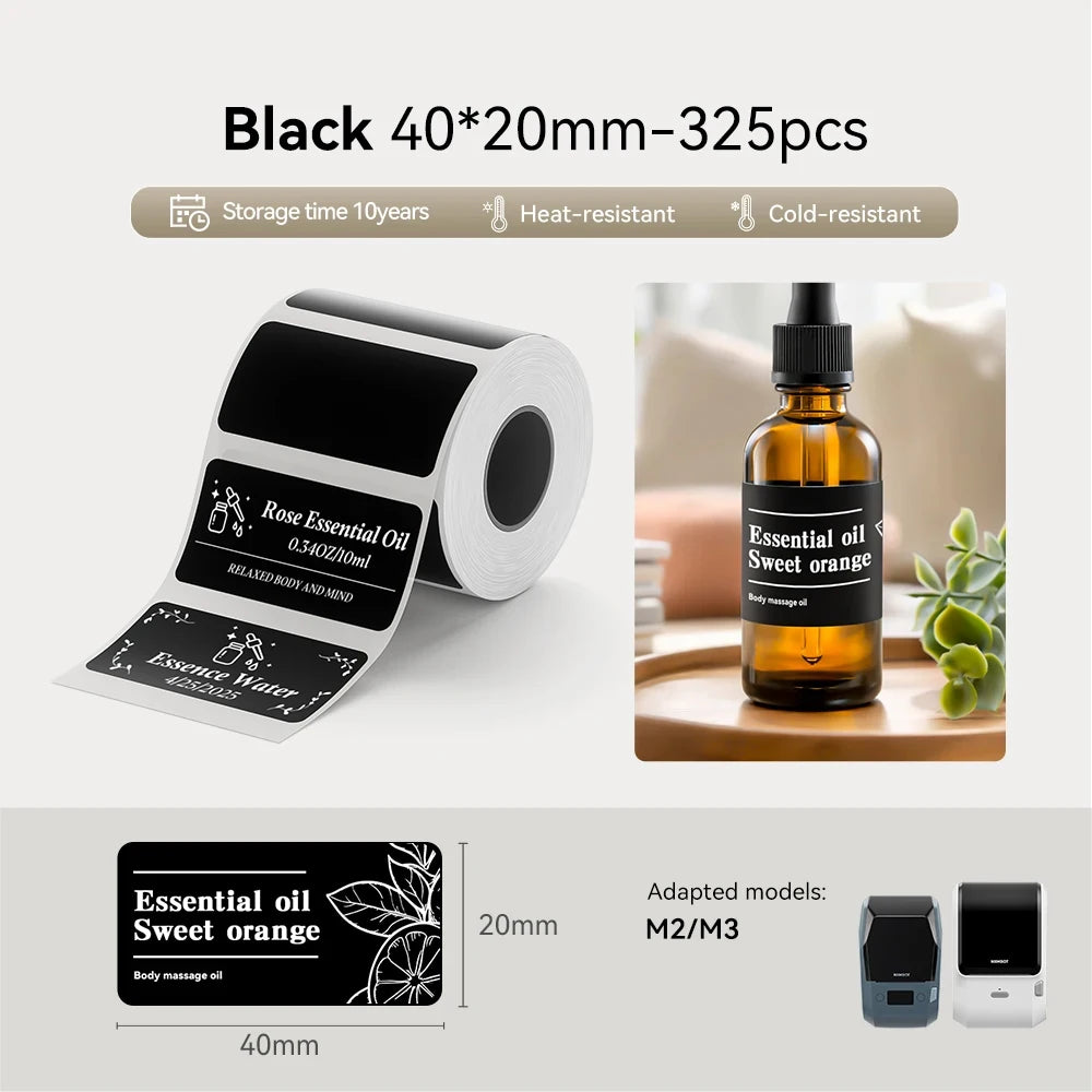 Roll of black thermal transfer stickers with labels for essential oils and body massage