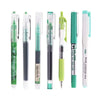 A set of five precision rollerball gel pens in various shades of green and black.