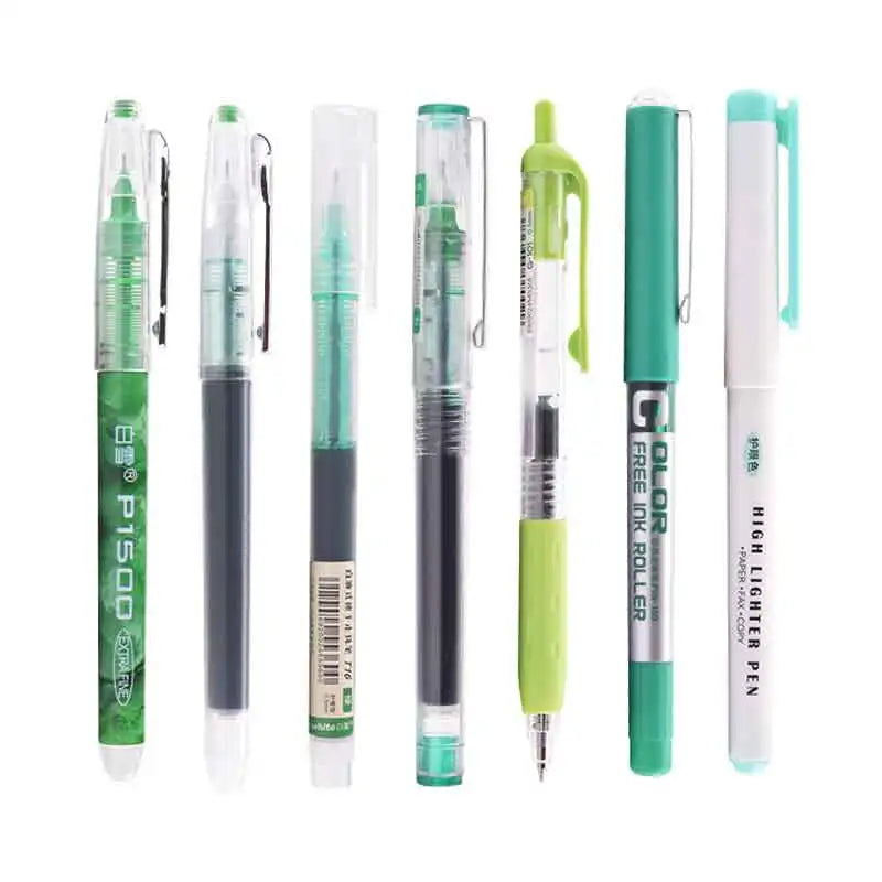 A set of five precision rollerball gel pens in various shades of green and black.