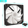 A black 120mm computer case cooling fan with a white propeller visible.