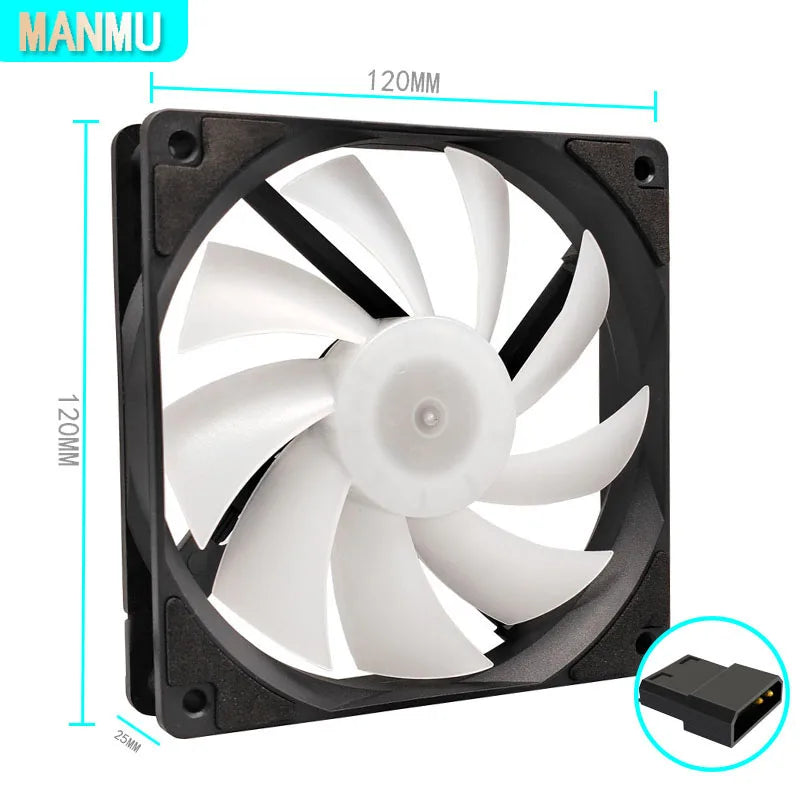 A black 120mm computer case cooling fan with a white propeller visible.