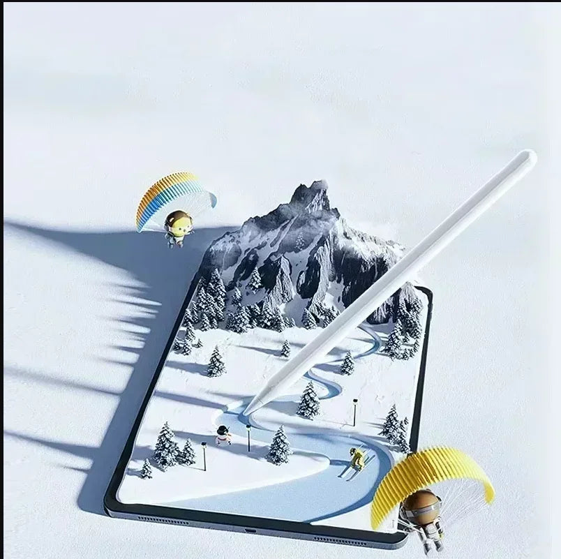 Digitales Bild eines Stiftes und einer gelben fächerförmigen Ersatznadel auf einem Tablet-Bildschirm mit einem Berg