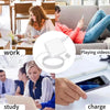 A collage showing a laptop charger being used for work, playing videos, study, and charging.