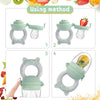 A set of silicone fruit and vegetable feeders for babies and toddlers shown in various usage methods.