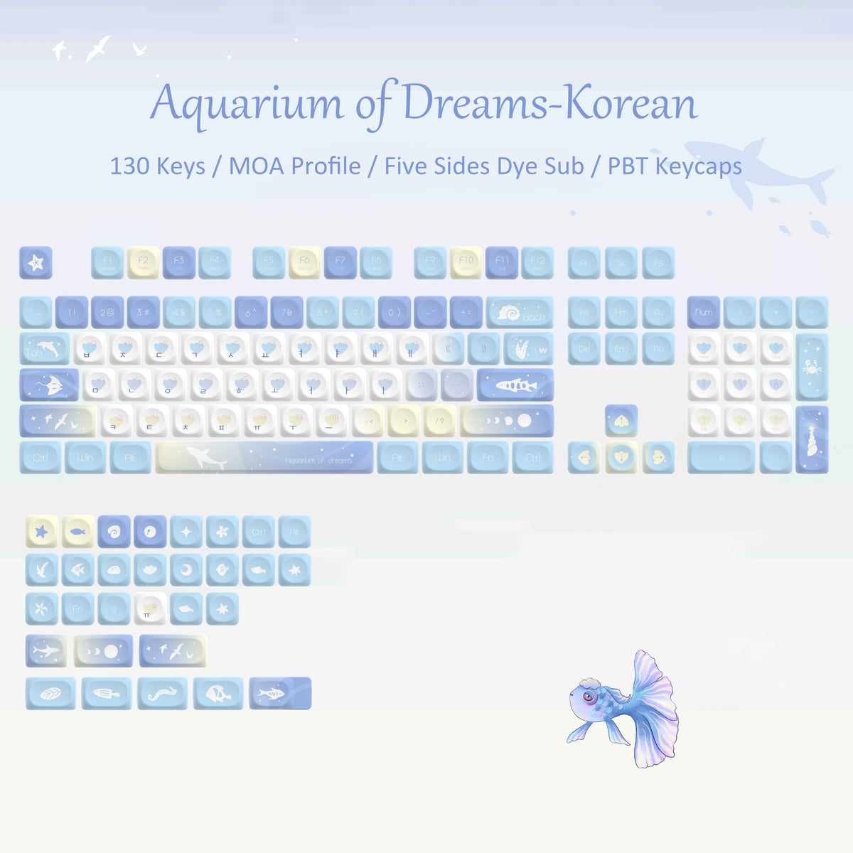 A collection of blue sea themed PBT keycaps for a mechanical keyboard, featuring various fish and ocean motifs.