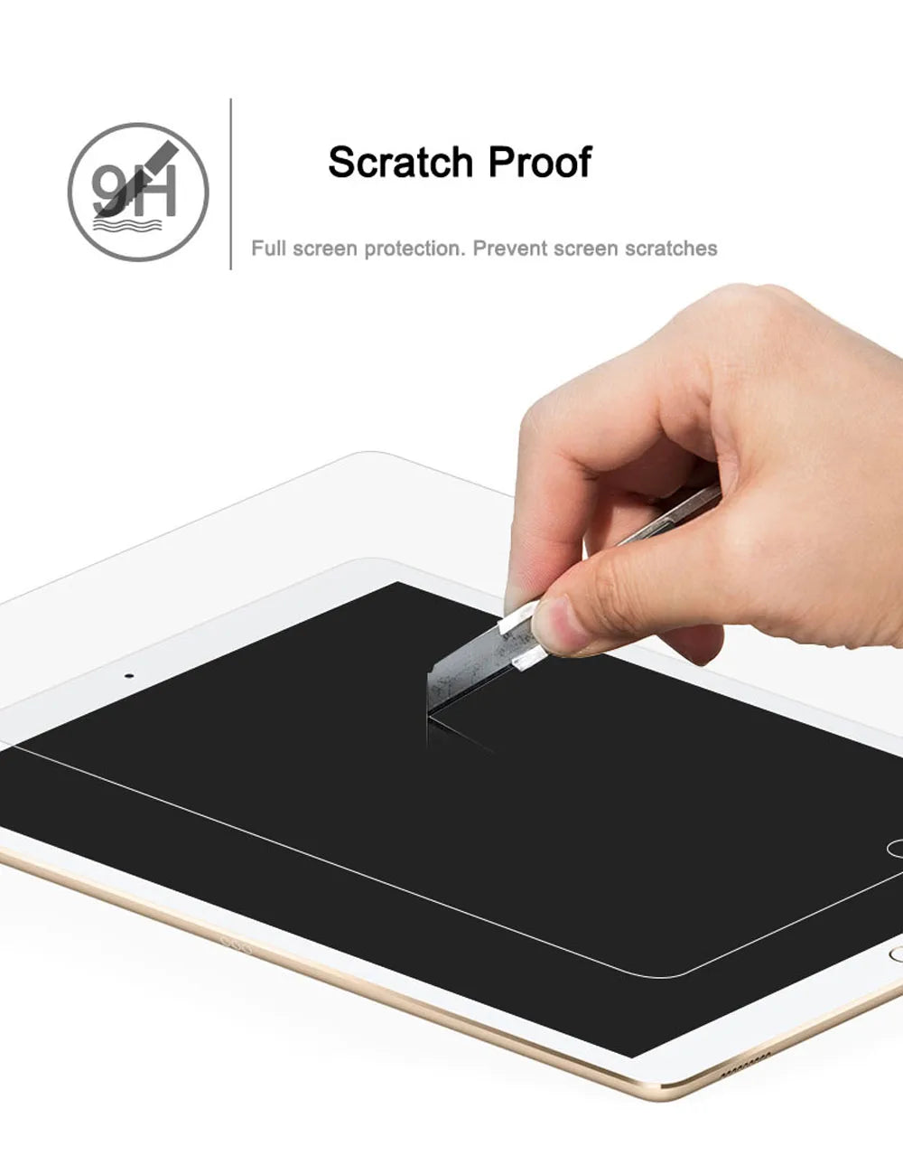 A hand uses a metal tool to apply a scratch proof tempered glass screen protector onto an iPad display.