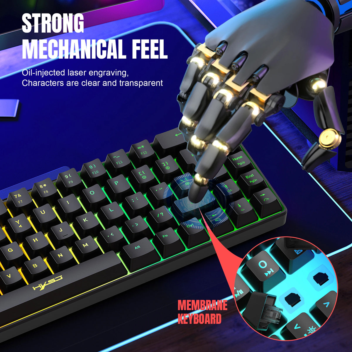 A close-up of a black mechanical keyboard with transparent characters and a hand interacting with it.