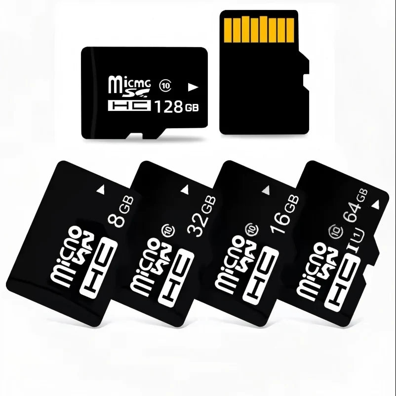 Several black MicroSD flash memory cards with various capacities like 8GB, 16GB, 32GB, and 64GB are displayed.