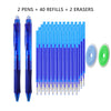 A set of blue gel pens with refills and two erasers displayed next to a large bundle of pens.