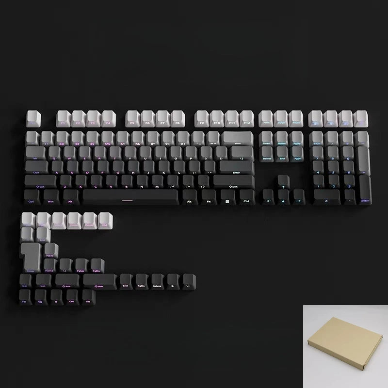 A row of black mechanical keyboard keycaps with white lettering and a large letter E displayed on a dark surface.