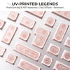 UV-printed legends on pink PC and PBT keycaps featuring various legends like ENTER, SPACE, and SHIFT