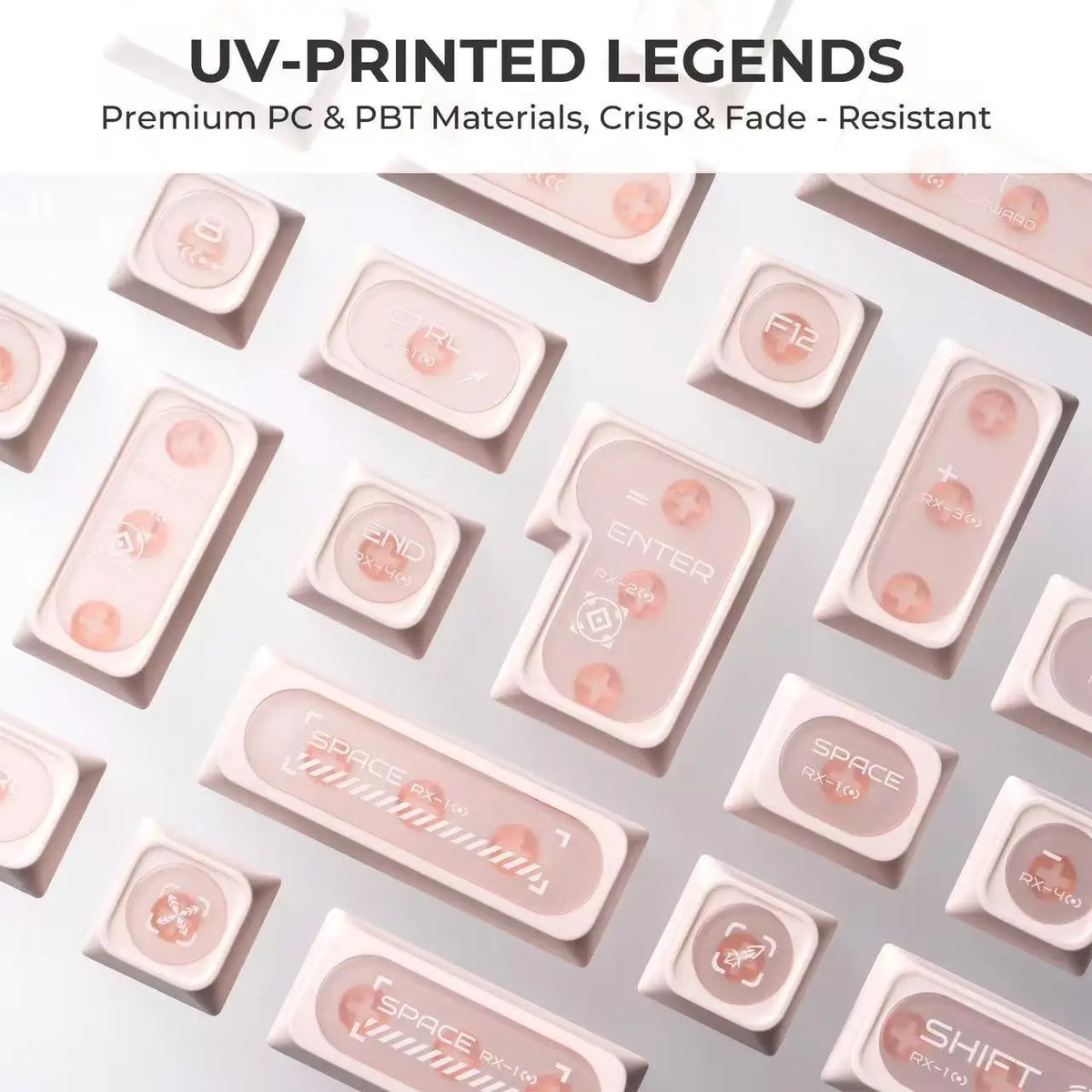 UV-printed legends on pink PC and PBT keycaps featuring various legends like ENTER, SPACE, and SHIFT