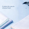 A close-up of a white zipper mesh file organizer bag with purple accents and a light blue background.