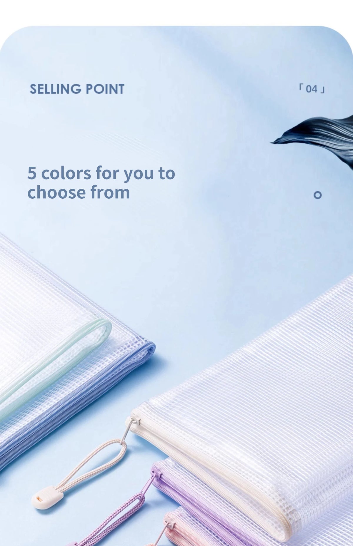 A close-up of a white zipper mesh file organizer bag with purple accents and a light blue background.