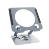 A silver foldable tablet and phone stand with a circular opening for viewing.