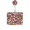 A pink leopard print retractable badge holder with a silver clip.