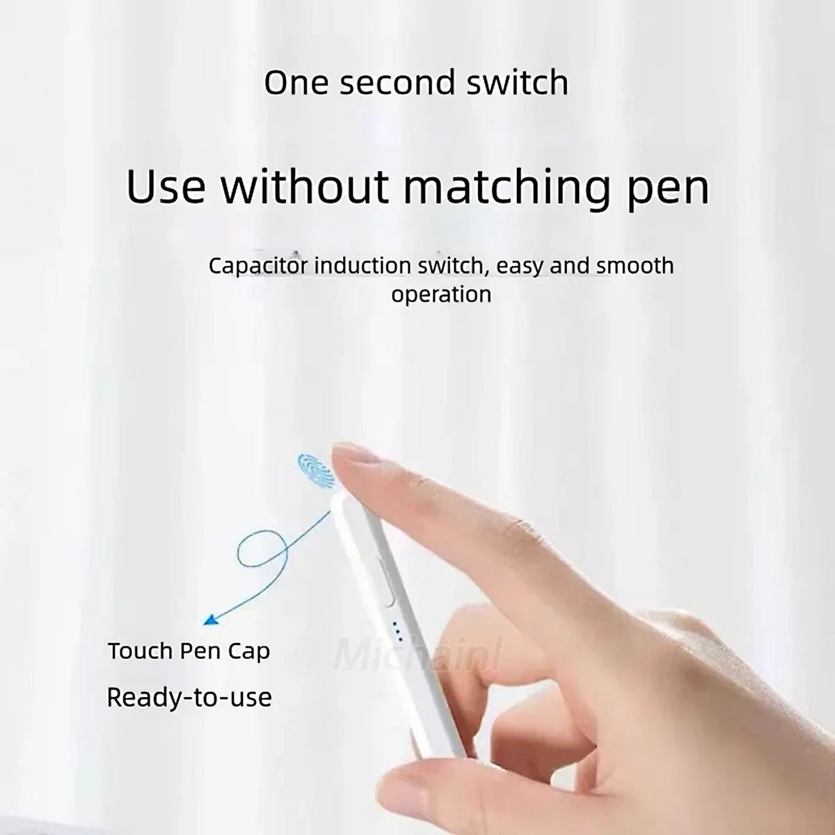 A hand is touching the cap of a white precision stylus pen for iPad.