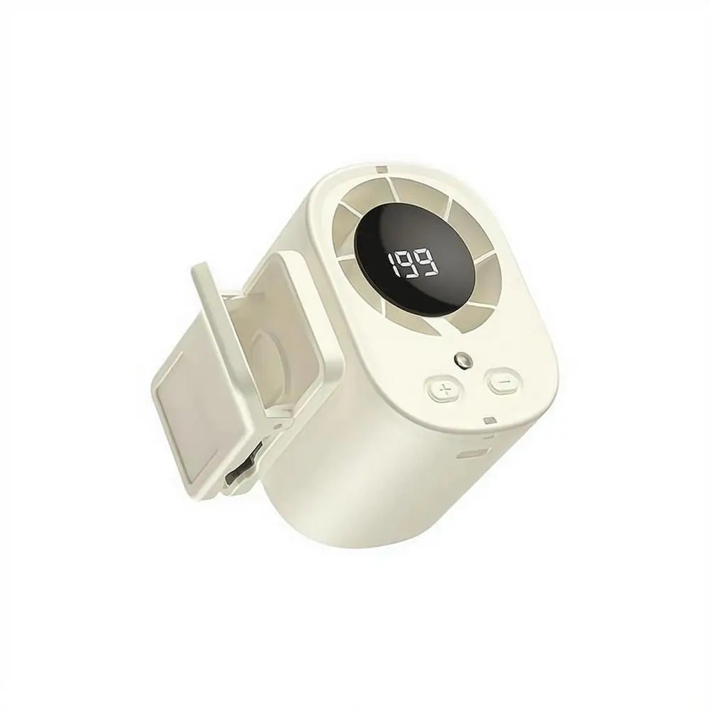 A portable car cooling fan with a round LED display showing 19.9 degrees.