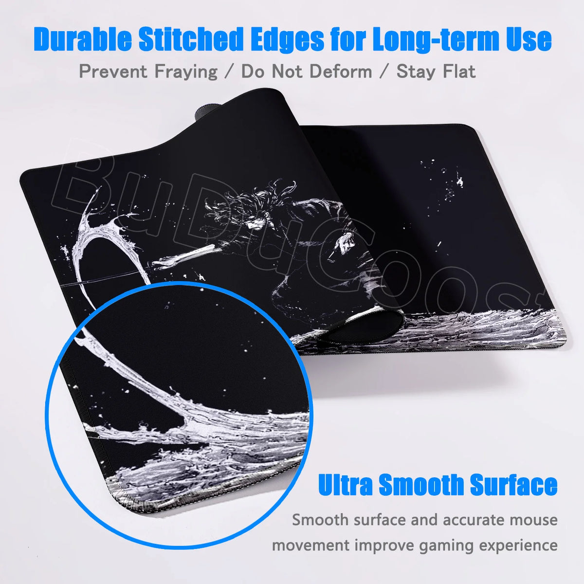 Black gaming mousepad with stitched edges and a smooth surface for long-term use
