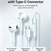 White wired earbuds with a Type-C connector and accompanying cable shown against a white background.