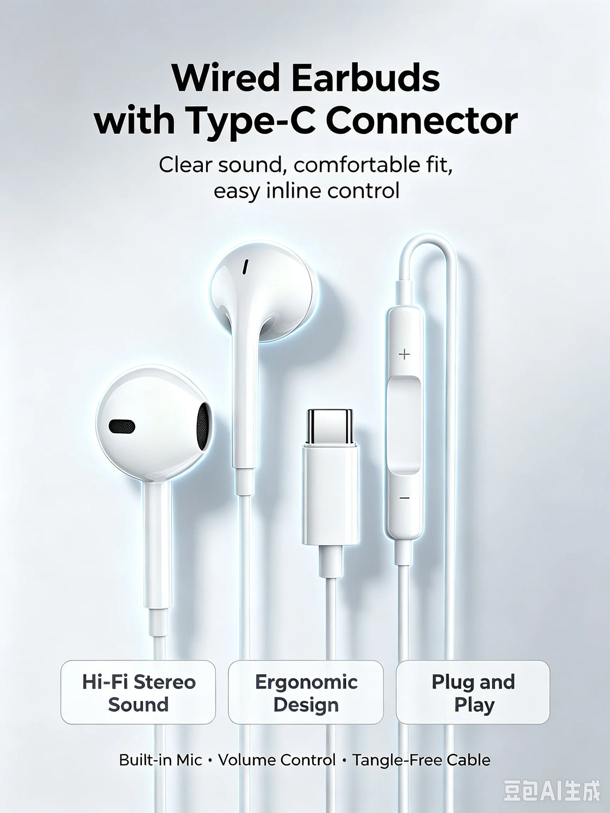 White wired earbuds with a Type-C connector and accompanying cable shown against a white background.