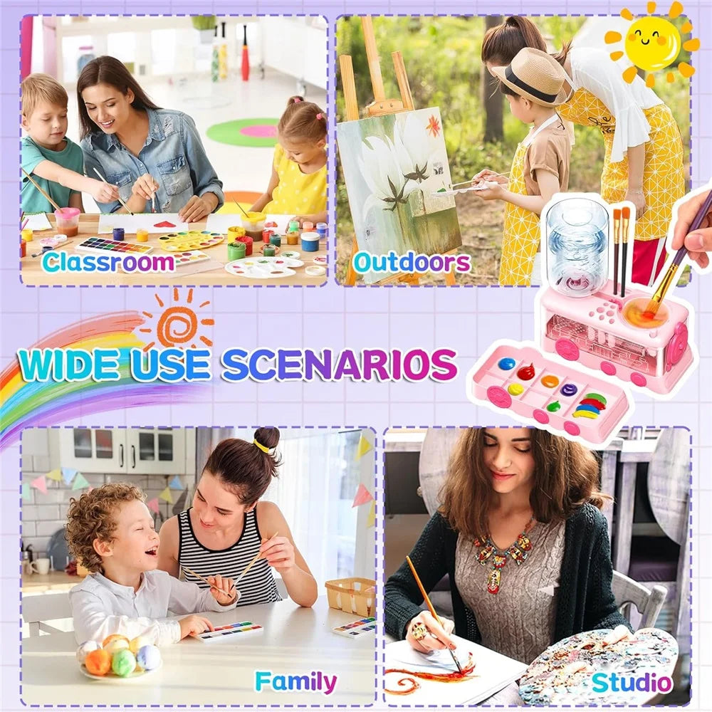 A 4-in-1 professional paint brush cleaning set shown in various usage scenarios including classroom, outdoors, family, and st