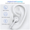 White wired earphones with a microphone shown inserted into a human ear.