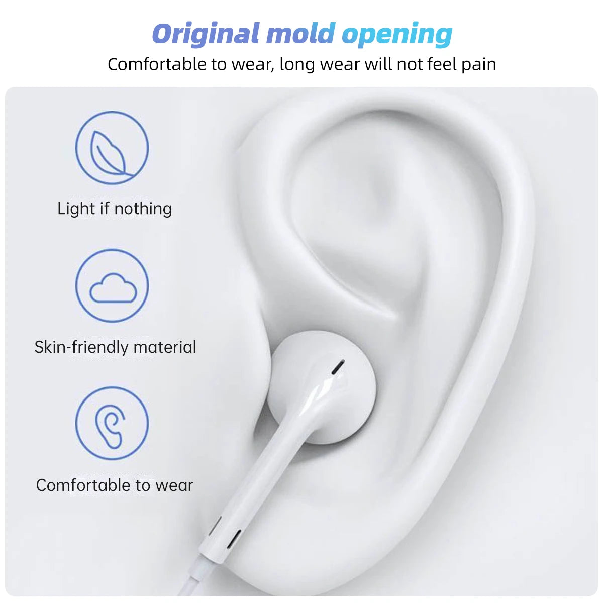 White wired earphones with a microphone shown inserted into a human ear.