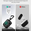 A black magnetic AirPods case demonstrating the Drop-Proof FlickLock™ secure closure mechanism.