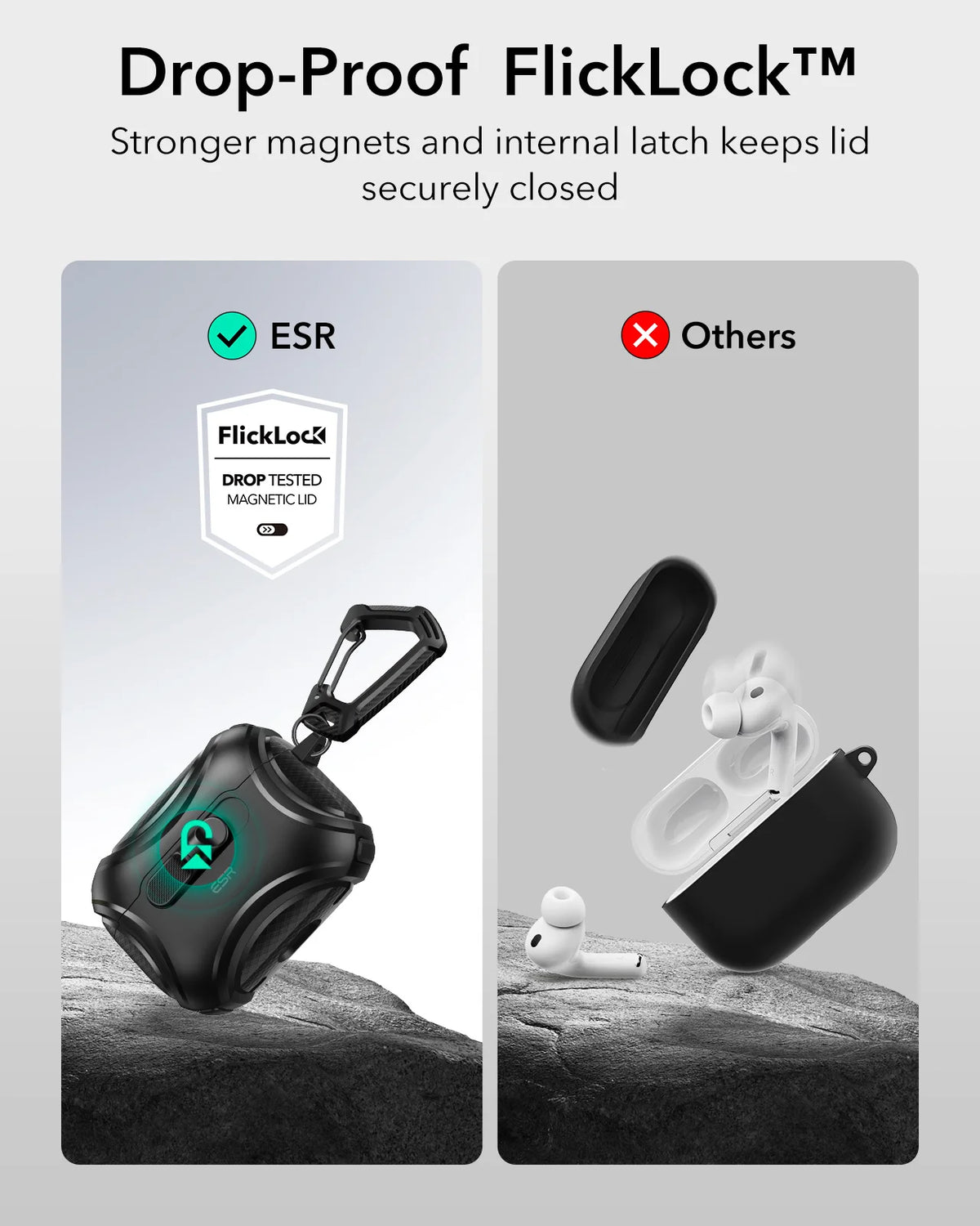 A black magnetic AirPods case demonstrating the Drop-Proof FlickLock™ secure closure mechanism.