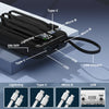 Batterie externe noire portable avec différents types de connecteurs : Type-C, Micro-B, Lightning et USB.