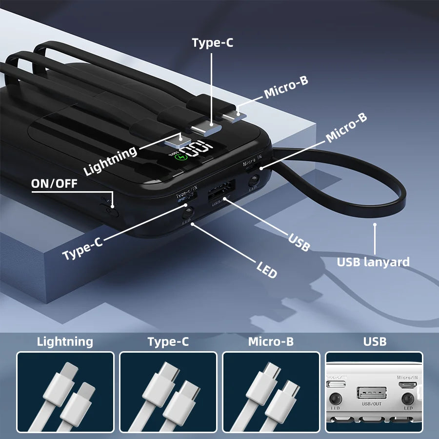 Batterie externe noire portable avec différents types de connecteurs : Type-C, Micro-B, Lightning et USB.