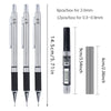 A set of metal mechanical pencils showing various diameters and lengths for different lead cores.