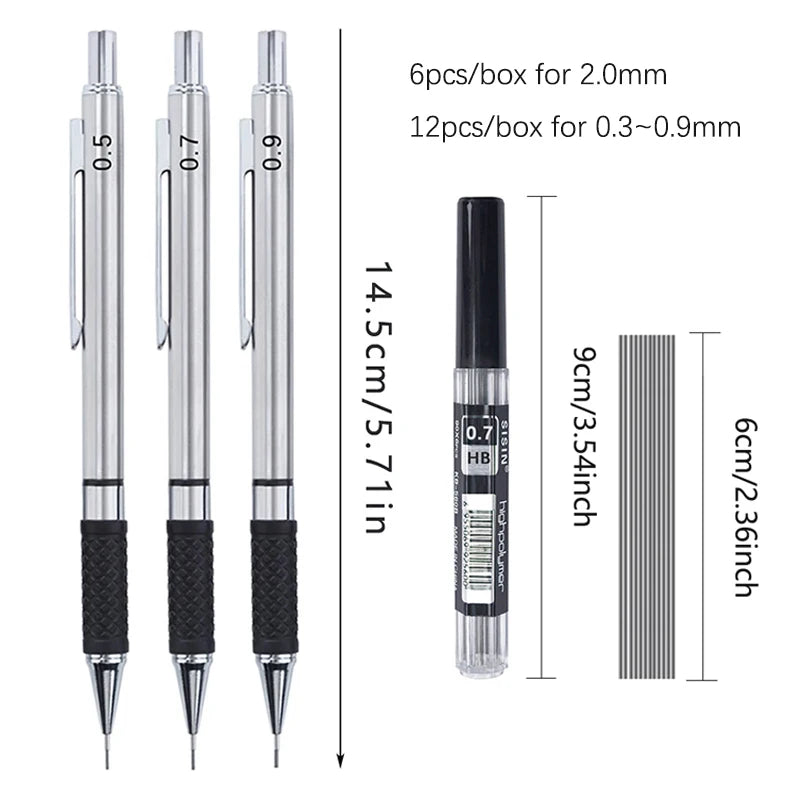 A set of metal mechanical pencils showing various diameters and lengths for different lead cores.