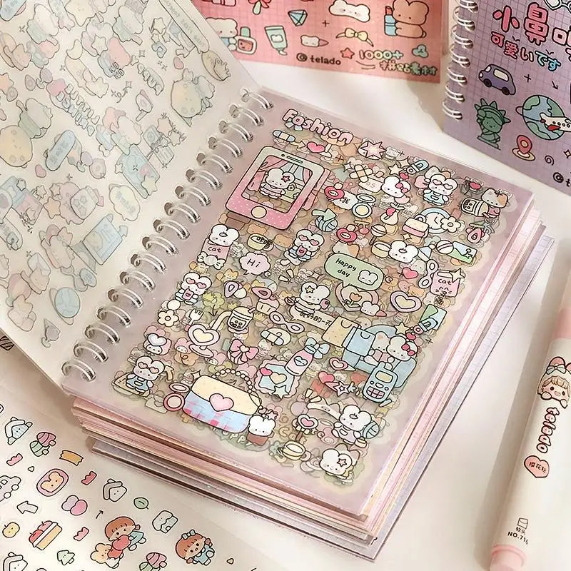 A close-up of a pastel pink sticker book filled with cute cartoon stickers for crafting and journaling.