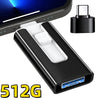 A black USB 3.0 flash drive with a white connector and a silver plug is shown next to a smartphone.