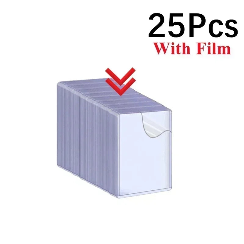 A box containing 25 clear protective card sleeves with anti-scratch film.