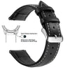 Black genuine leather watch band featuring quick release spring bars and a slide lever for easy strap attachment