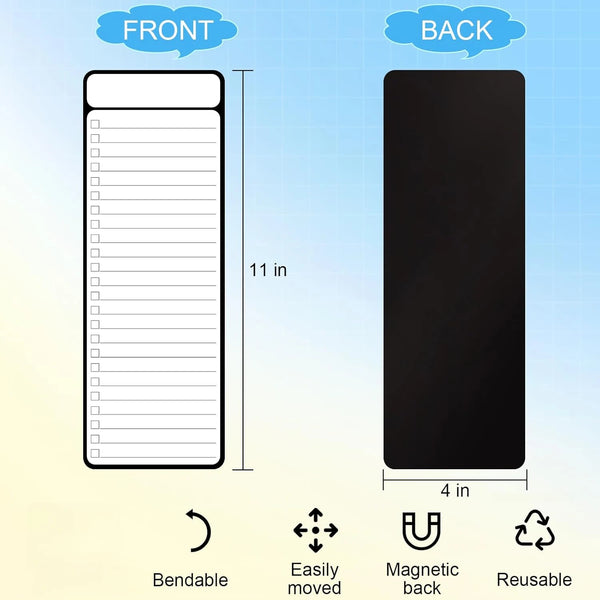 Front and back views of a magnetic whiteboard set showing its dimensions and features like bendable and reusable